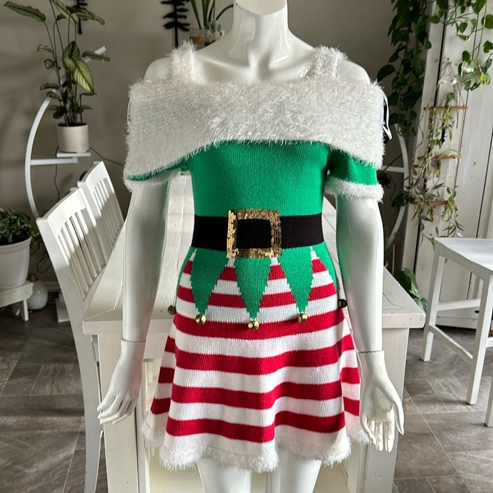 Christmas ladies, elf dress knit with bells happy holidays urban heritage Sm
